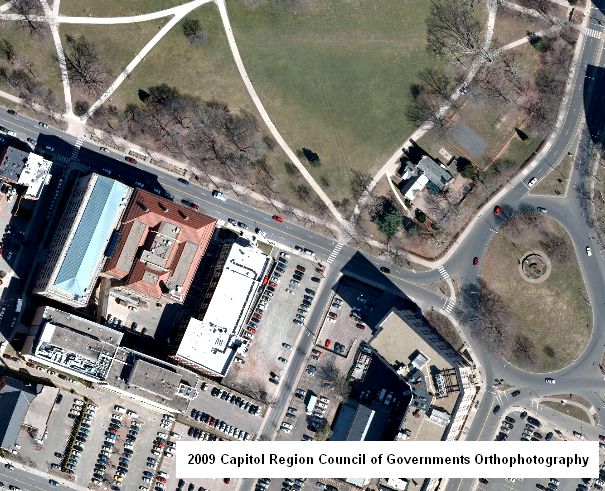 Example of 2009 Capitol Region Council of Governments Orthophotography within the vicinity of the Connecticut Department of Environmental Protection building at 79 Elm Street, Hartford, Connecticut.
